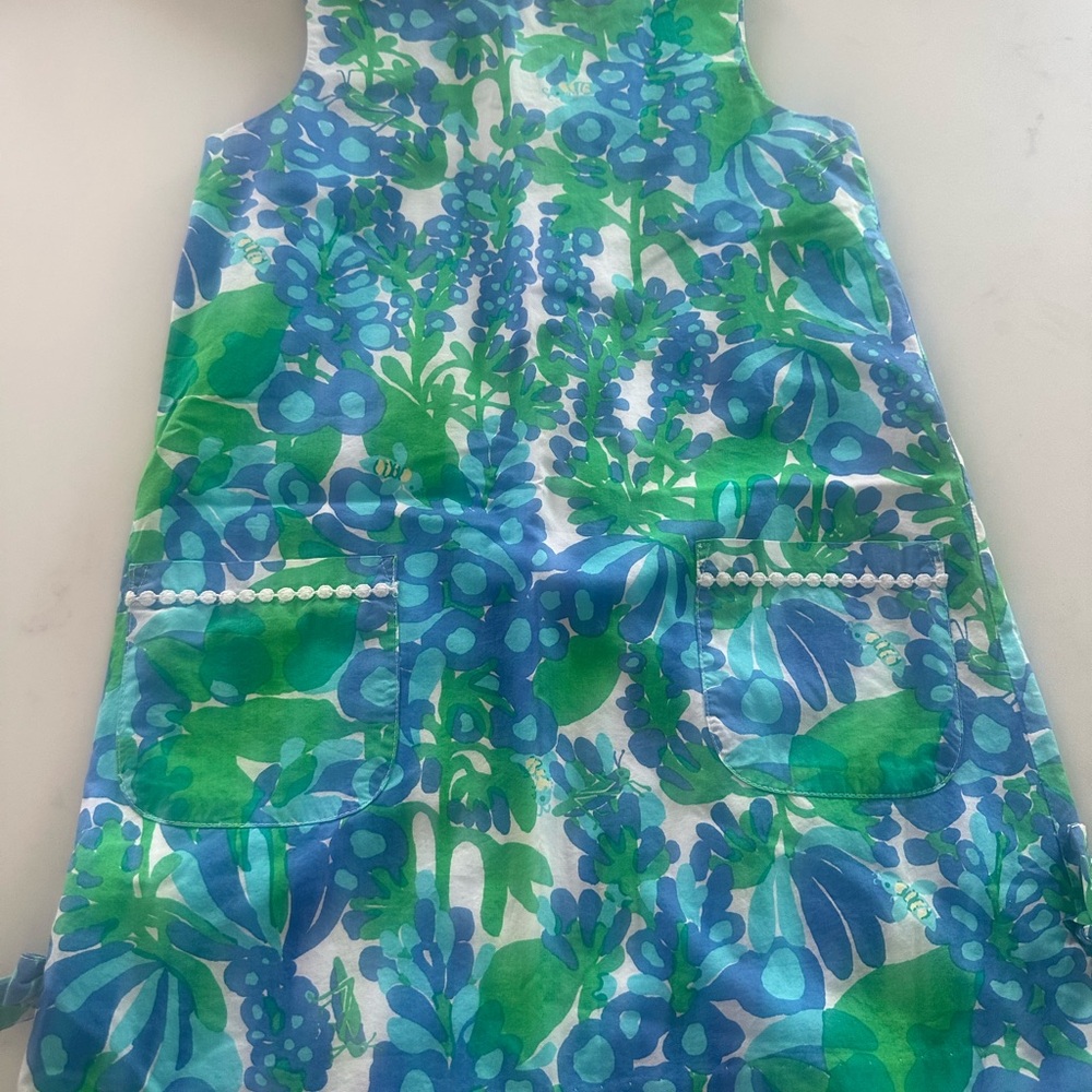 Lilly Pulitzer Blue & Green Floral Shift Dress with Pocket Trim g Sz 8